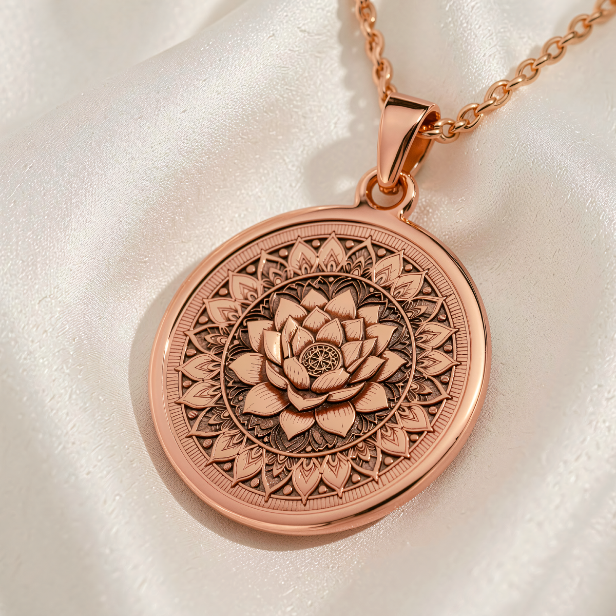 Lotus Mandala Spiritual Pendant | Silver & Plated Options - Sacred Geometry Yoga Zen - 14K Rose Gold Plated Front View