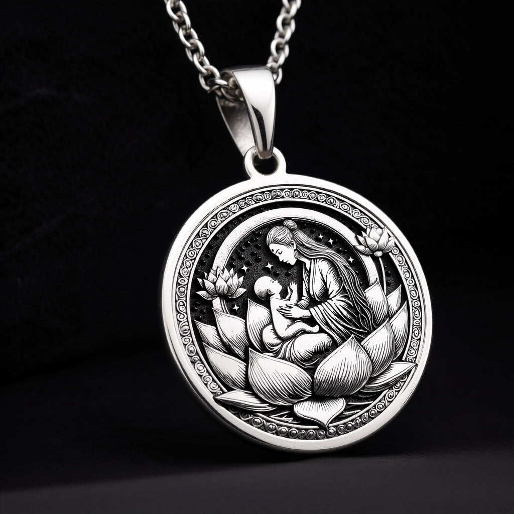 Sterling silver Lotus Mother medallion necklace, celebrating maternal love and spiritual wisdom. A perfect silver sacred pendant, ideal for mothers, spiritual seekers, and those who cherish divine feminine energy.