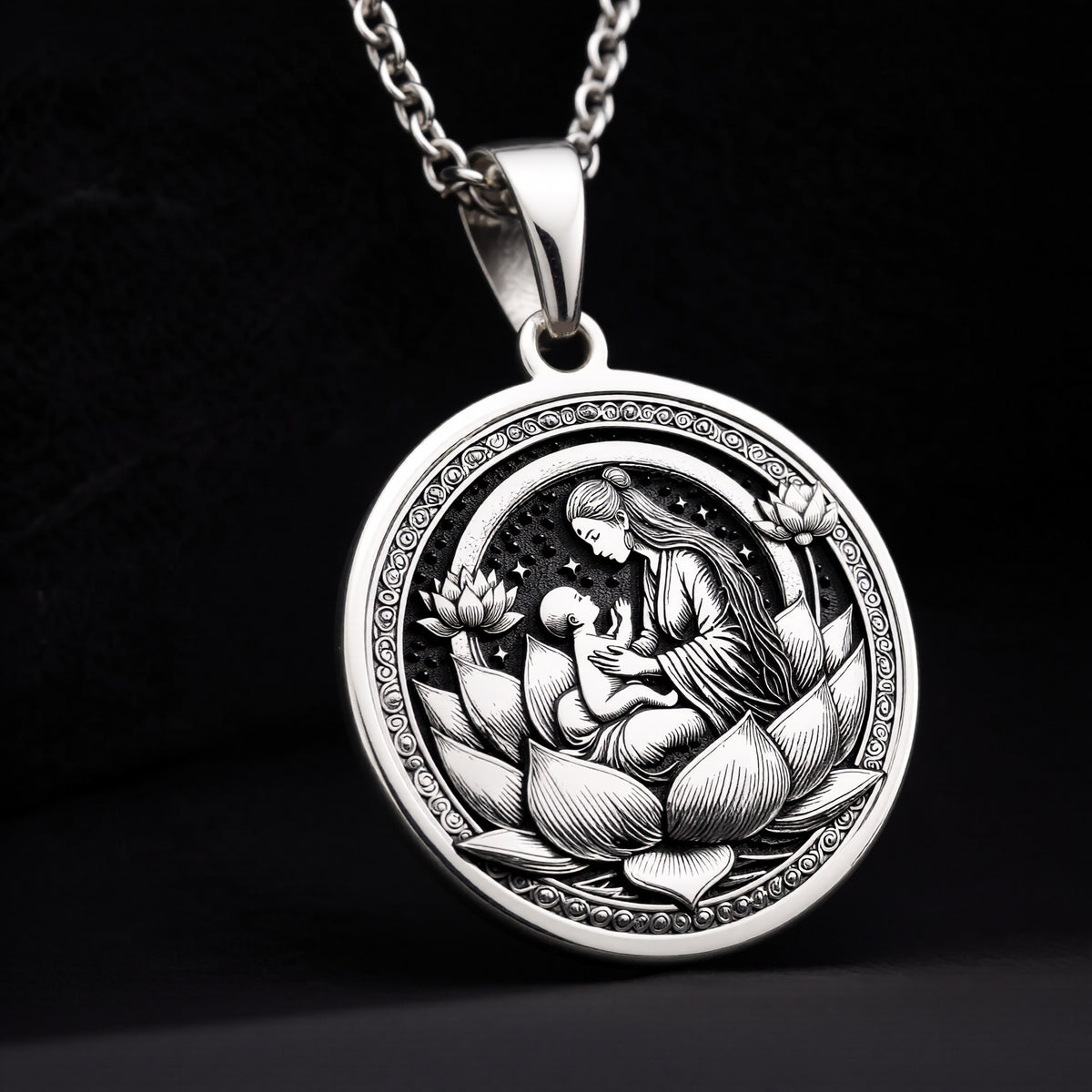 Sterling silver Lotus Mother medallion necklace, celebrating maternal love and spiritual wisdom. A perfect silver sacred pendant, ideal for mothers, spiritual seekers, and those who cherish divine feminine energy.