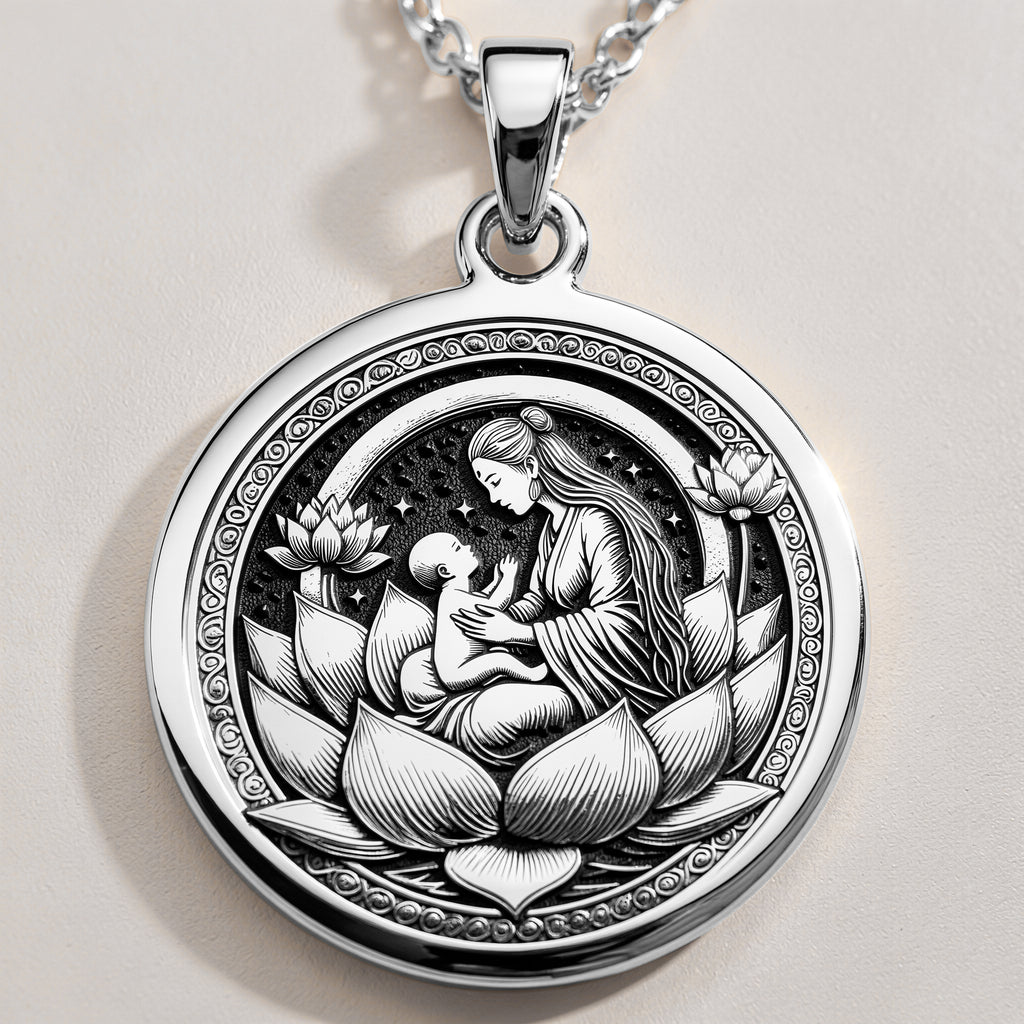 Sterling silver Lotus Mother medallion necklace, celebrating maternal love and spiritual wisdom. A perfect silver sacred pendant, ideal for mothers, spiritual seekers, and those who cherish divine feminine energy. - View 2