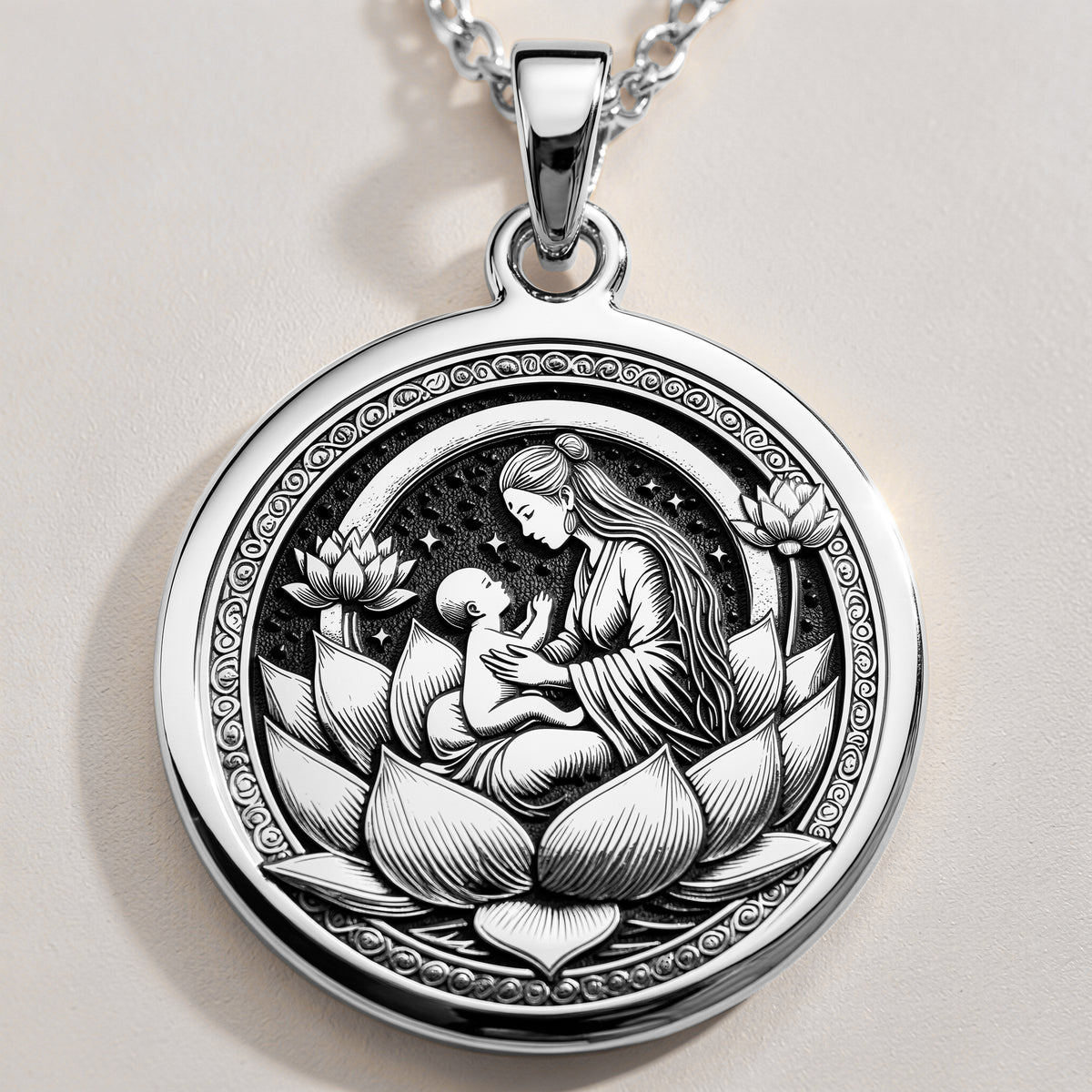 Sterling silver Lotus Mother medallion necklace, celebrating maternal love and spiritual wisdom. A perfect silver sacred pendant, ideal for mothers, spiritual seekers, and those who cherish divine feminine energy. - View 2