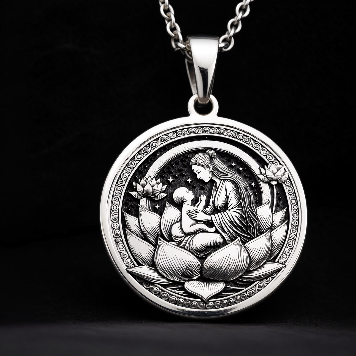 Sterling silver Lotus Mother medallion necklace, celebrating maternal love and spiritual wisdom. A perfect silver sacred pendant, ideal for mothers, spiritual seekers, and those who cherish divine feminine energy. - View 8