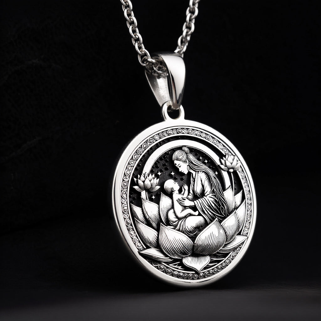 Sterling silver Lotus Mother medallion necklace, celebrating maternal love and spiritual wisdom. A perfect silver sacred pendant, ideal for mothers, spiritual seekers, and those who cherish divine feminine energy. - View 9