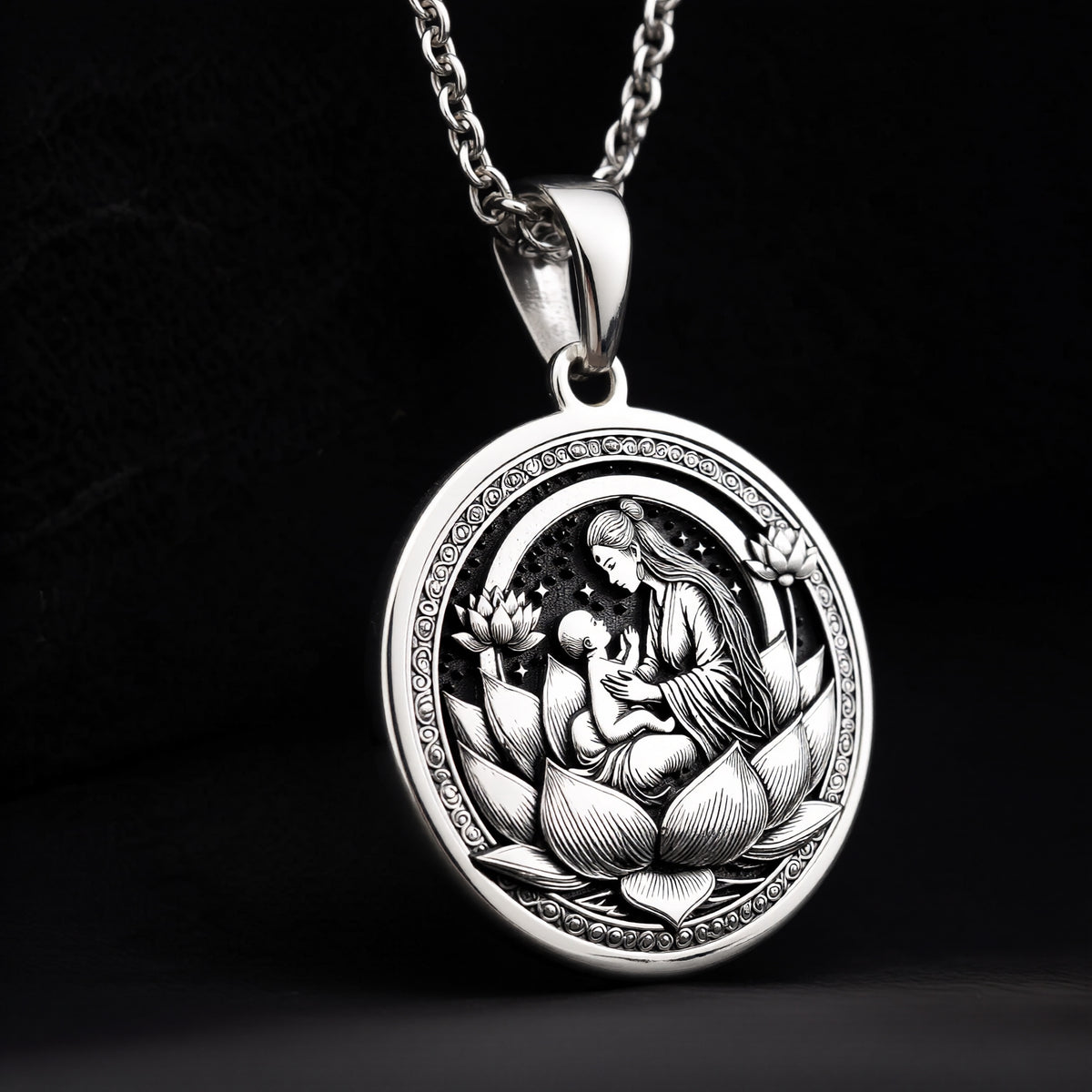 Sterling silver Lotus Mother medallion necklace, celebrating maternal love and spiritual wisdom. A perfect silver sacred pendant, ideal for mothers, spiritual seekers, and those who cherish divine feminine energy. - View 9
