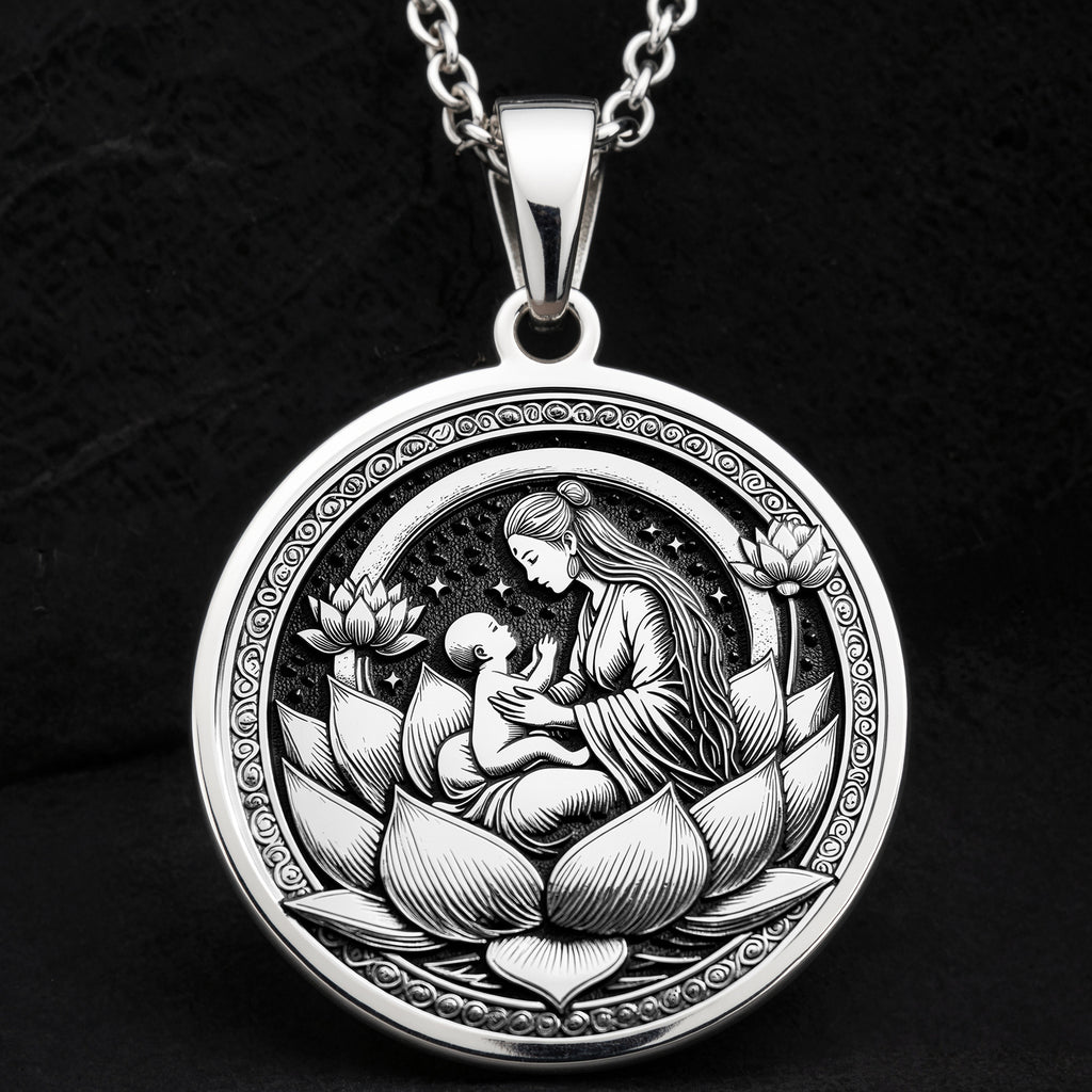 Sterling silver Lotus Mother medallion necklace, celebrating maternal love and spiritual wisdom. A perfect silver sacred pendant, ideal for mothers, spiritual seekers, and those who cherish divine feminine energy.