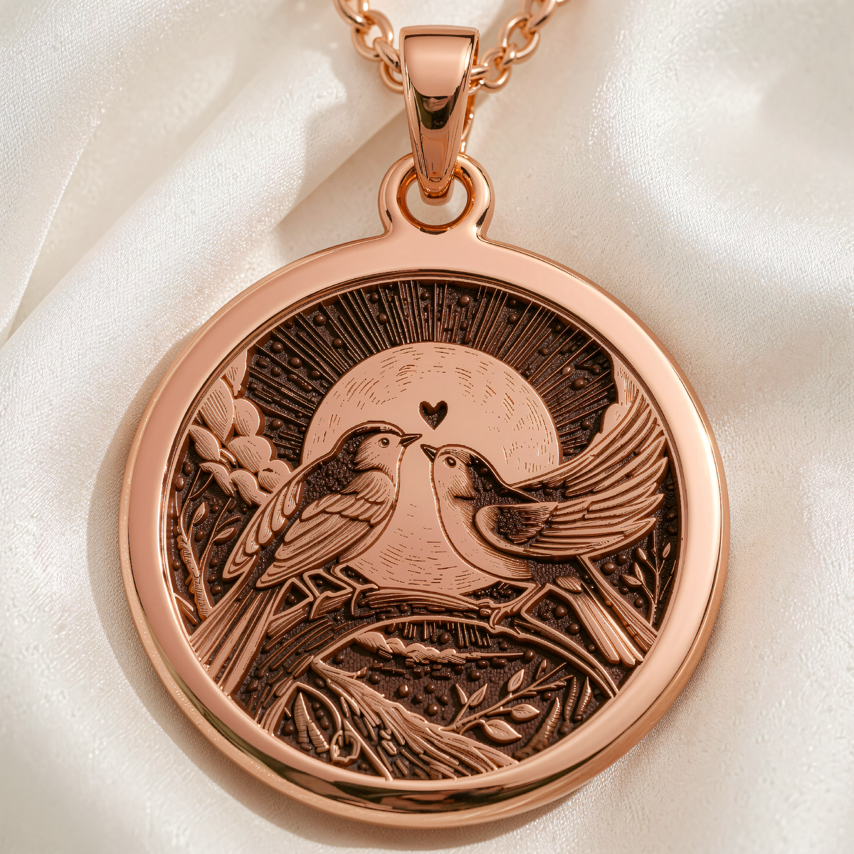 Front view of Love Birds Couple Medallion in rose gold plated finish, featuring two engraved birds facing each other with a small heart.
