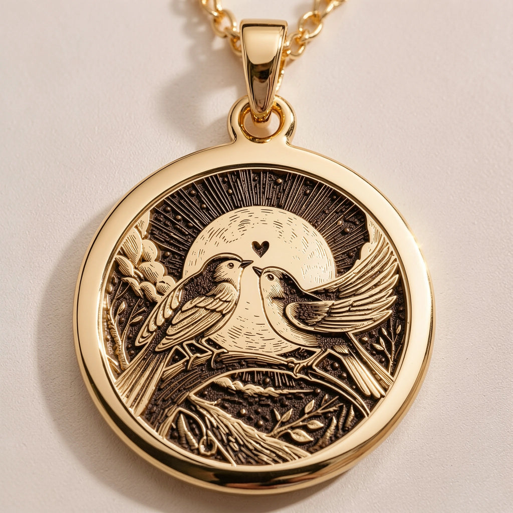 Love Birds Couple Medallion - Romantic Anniversary Endless Love Nature - Görsel 1, 14K gold love birds