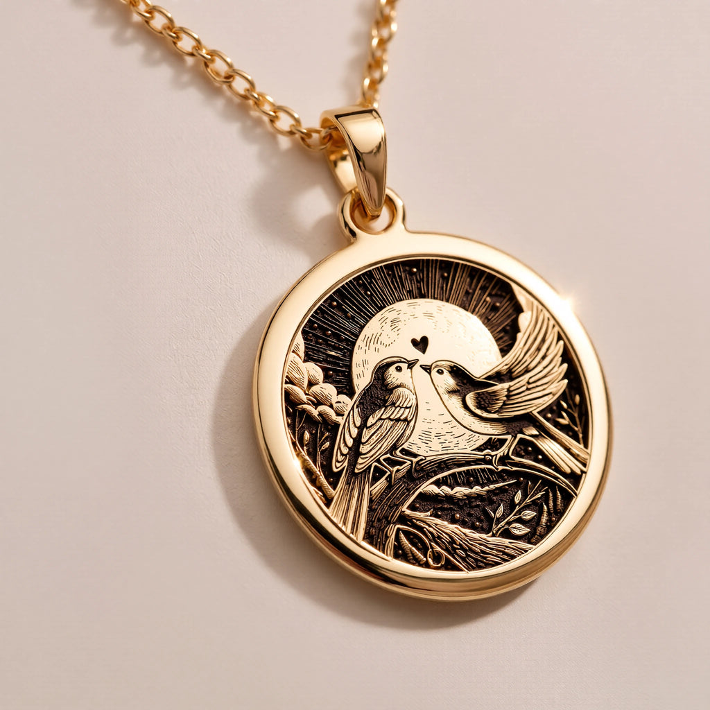 Love Birds Couple Medallion - Romantic Anniversary Endless Love Nature - Görsel 2, 14K gold love birds