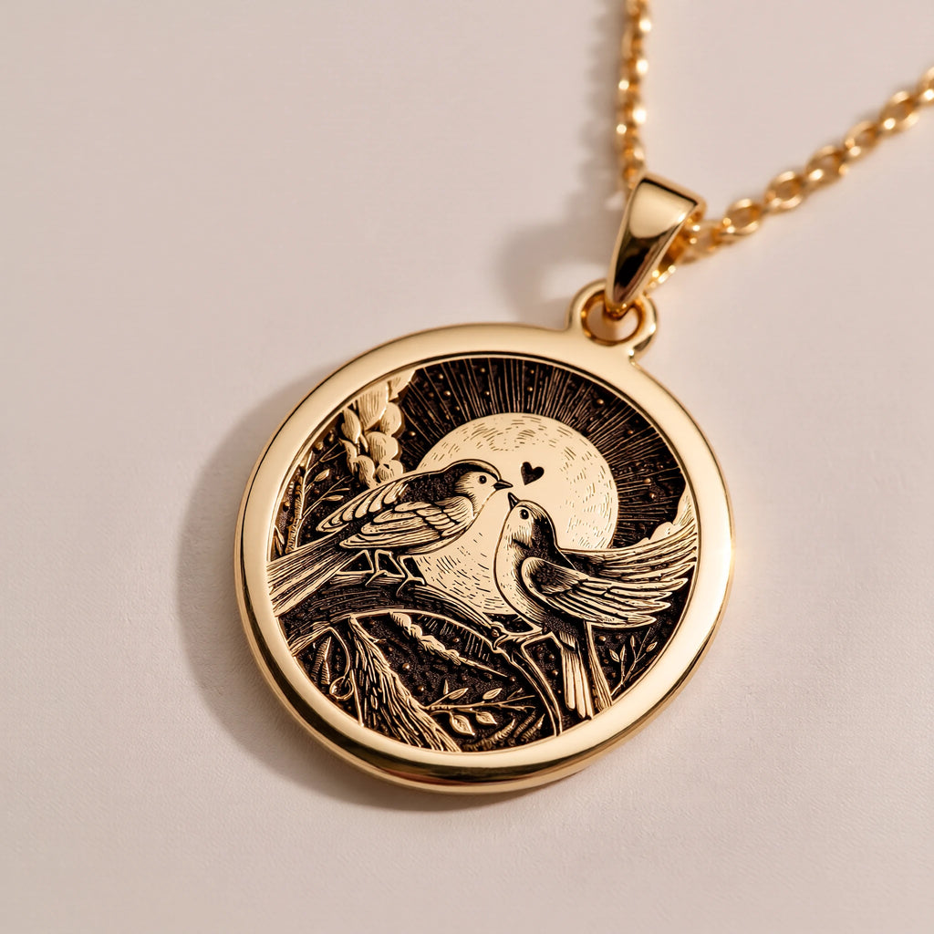 Love Birds Couple Medallion - Romantic Anniversary Endless Love Nature - Görsel 3, 14K gold love birds