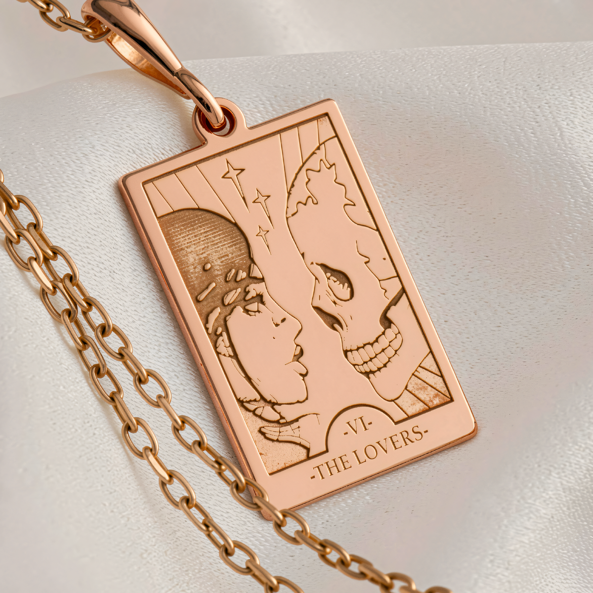 Lovers Tarot Card Necklace | Silver & Plated Options - Occult Arcana Talisman for Tarot Enthusiast - 14K Rose Gold Plated Front View