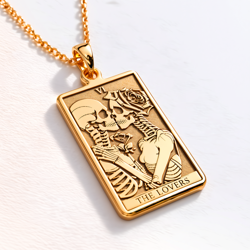Lovers Tarot Card Necklace - 14K Solid Gold, Left Angle View