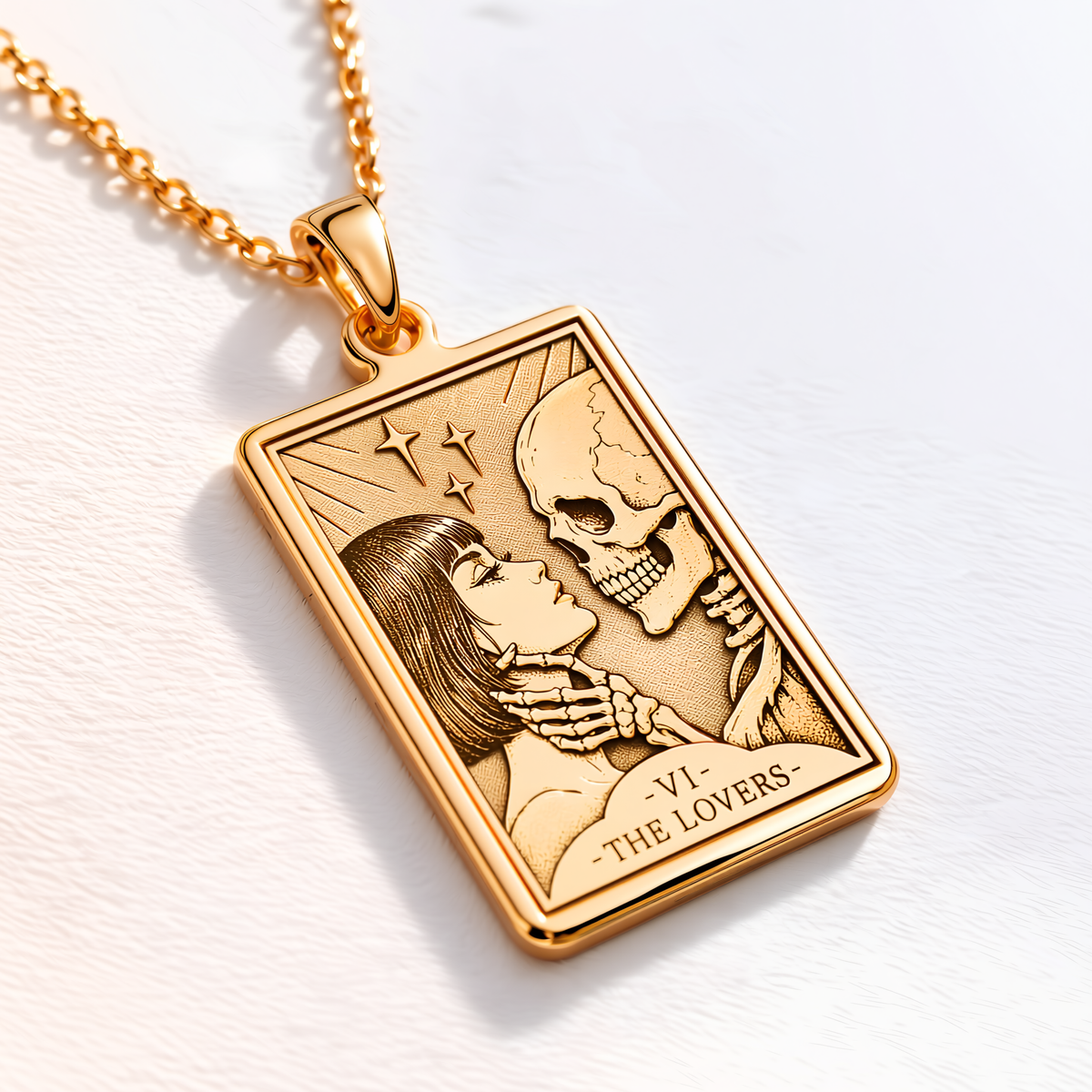 Lovers Tarot Card Necklace - 14K Solid Gold, Left Angle View