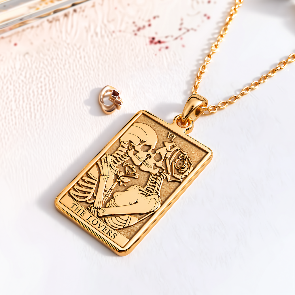 Lovers Tarot Card Necklace - 14K Solid Gold, Right Angle View