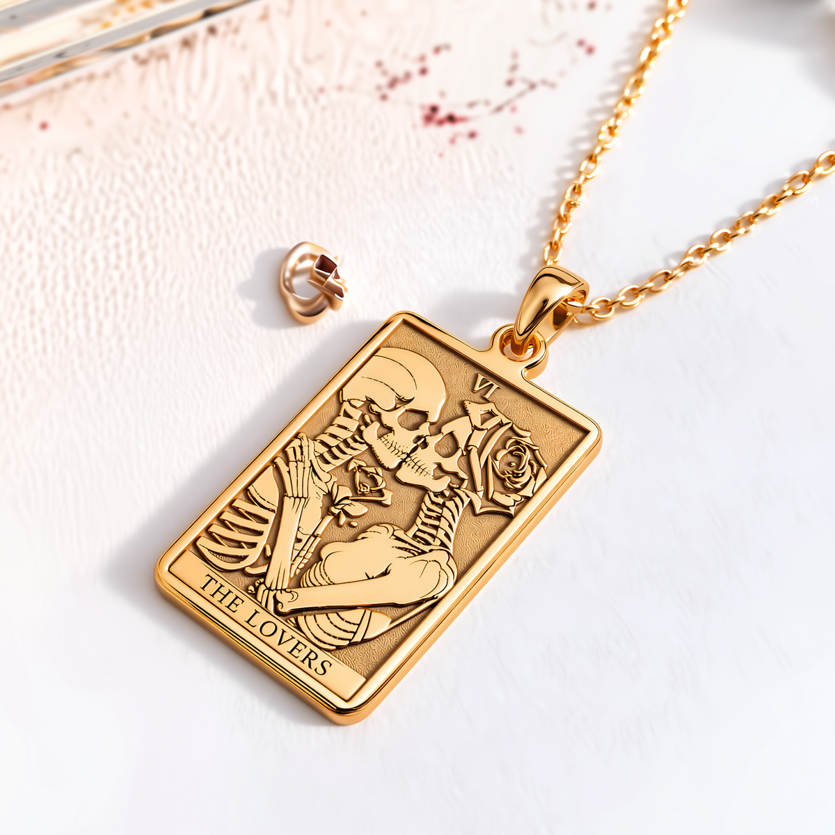 Lovers Tarot Card Necklace - 14K Solid Gold, Right Angle View