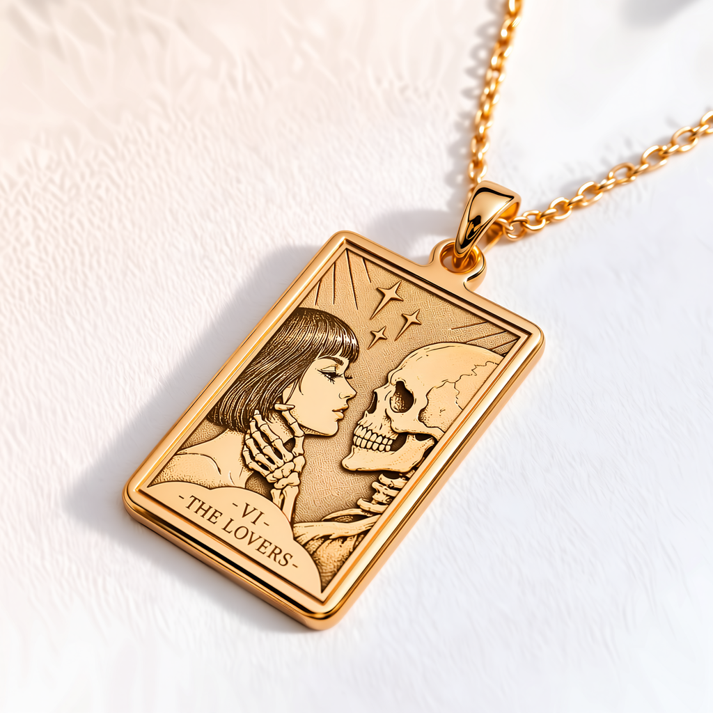 Lovers Tarot Card Necklace - 14K Solid Gold, Right Angle View