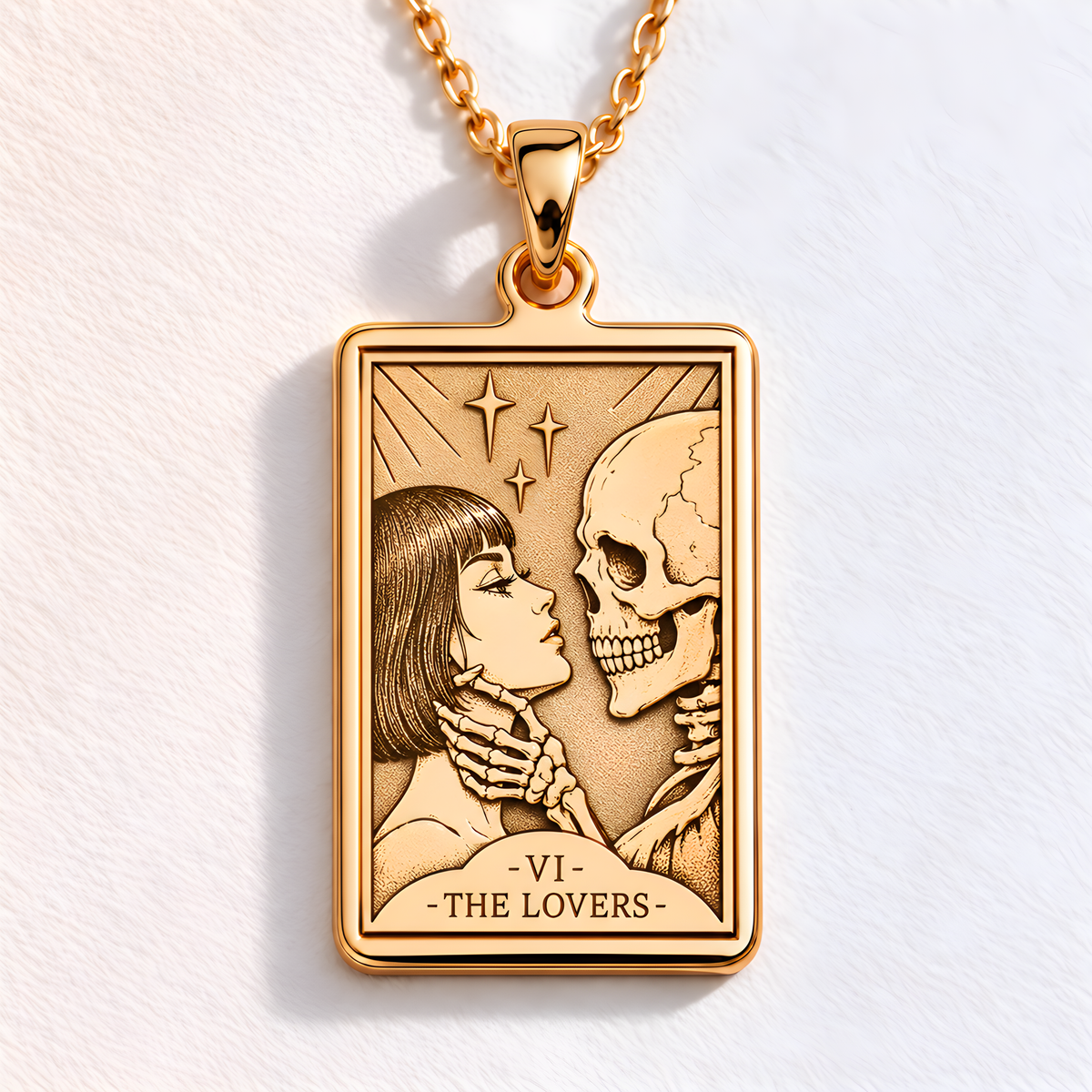 Lovers Tarot Card Necklace in a gold finish, shown from the front with detailed engraving on the pendant.
