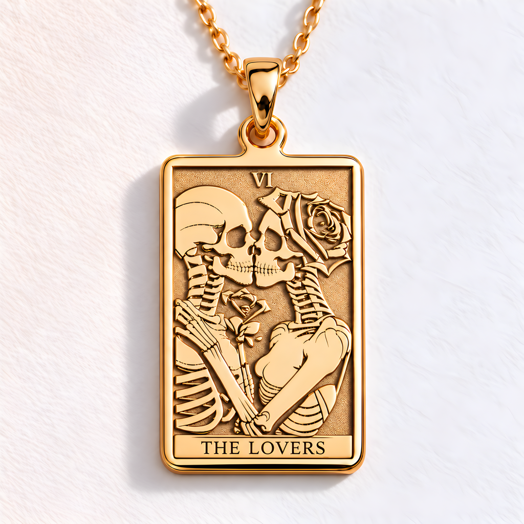 Lovers Tarot Card Necklace in a gold finish, shown from the front with detailed engraving on the pendant.