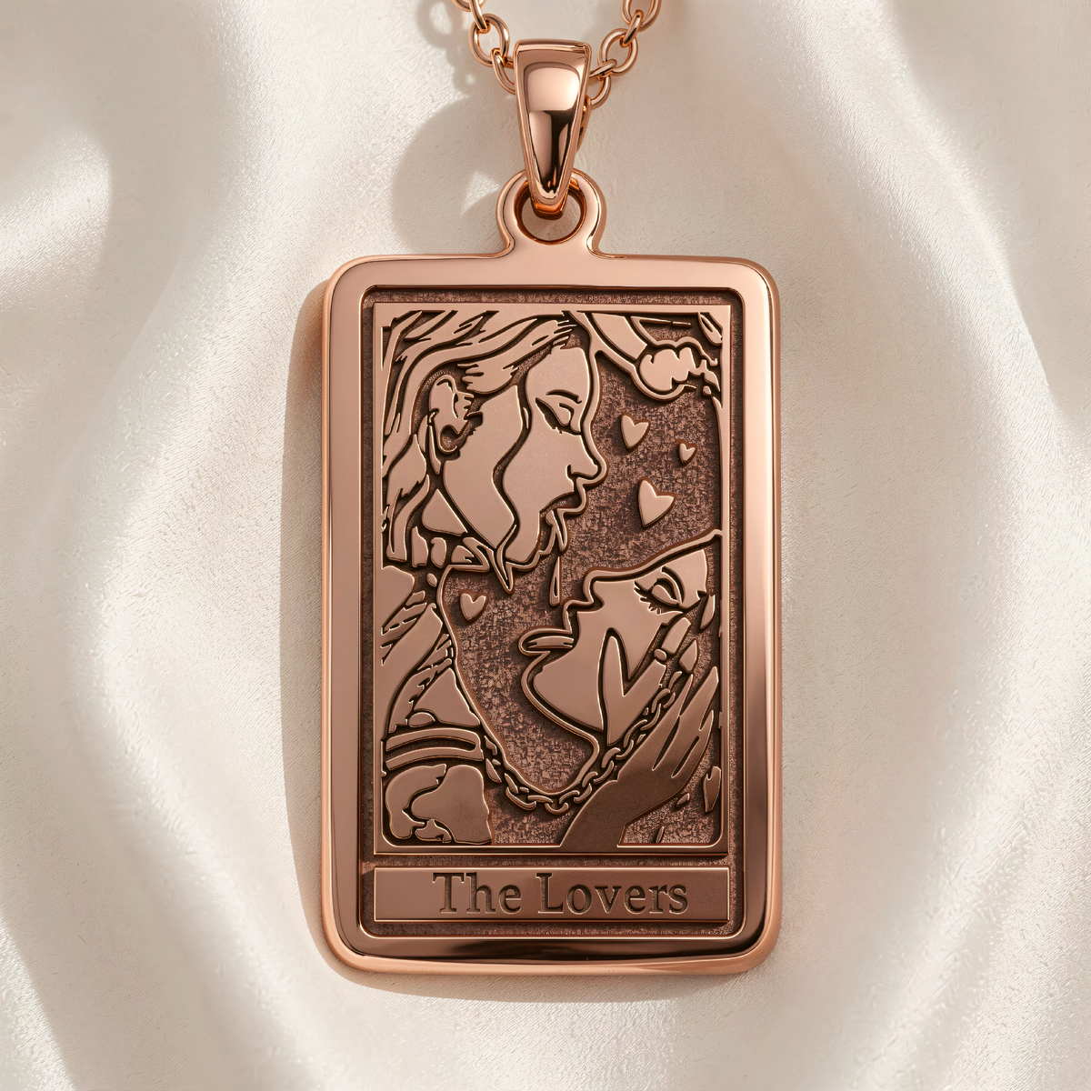 Lovers Tarot Card Necklace | Silver & Plated Options - Occult Arcana Talisman for Tarot Enthusiast - 14K Rose Gold Plated Front View