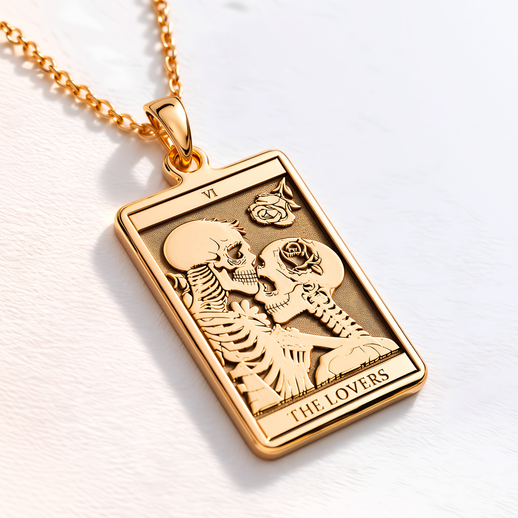 Lovers Tarot Card Pendant - 14K Solid Gold, Left Angle View