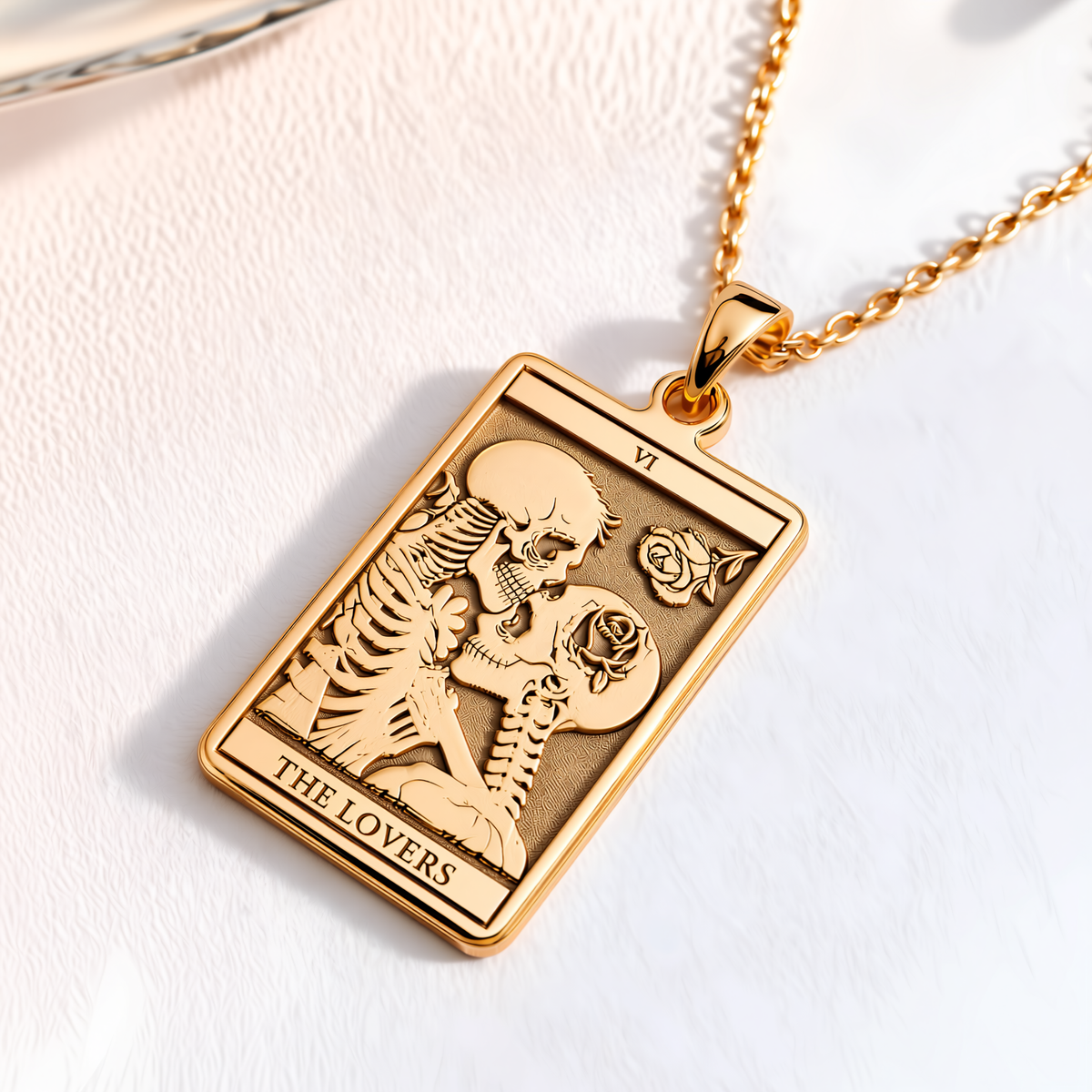 Lovers Tarot Card Pendant - 14K Solid Gold, Right Angle View