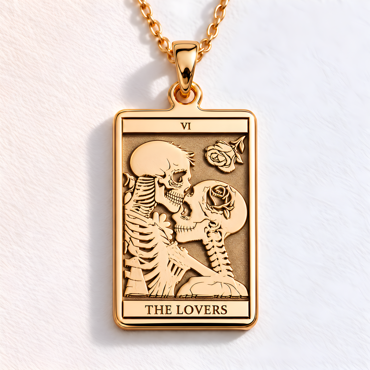 Lovers Tarot Card Pendant in a gold finish, shown from the front with detailed engraving on the pendant.