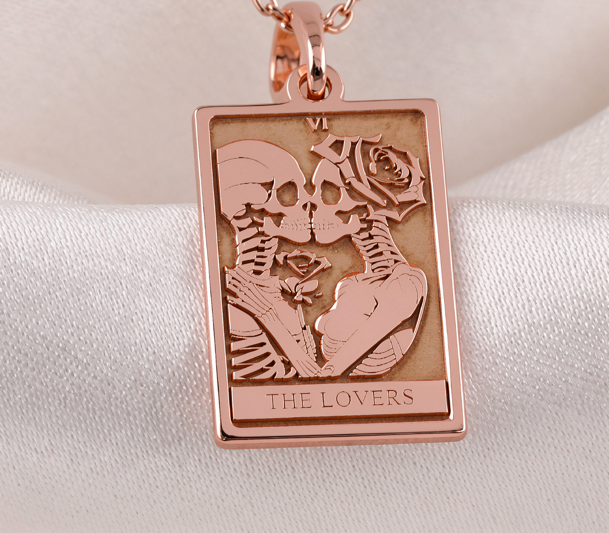 Lovers Tarot Card Necklace in a polished rose gold finish.