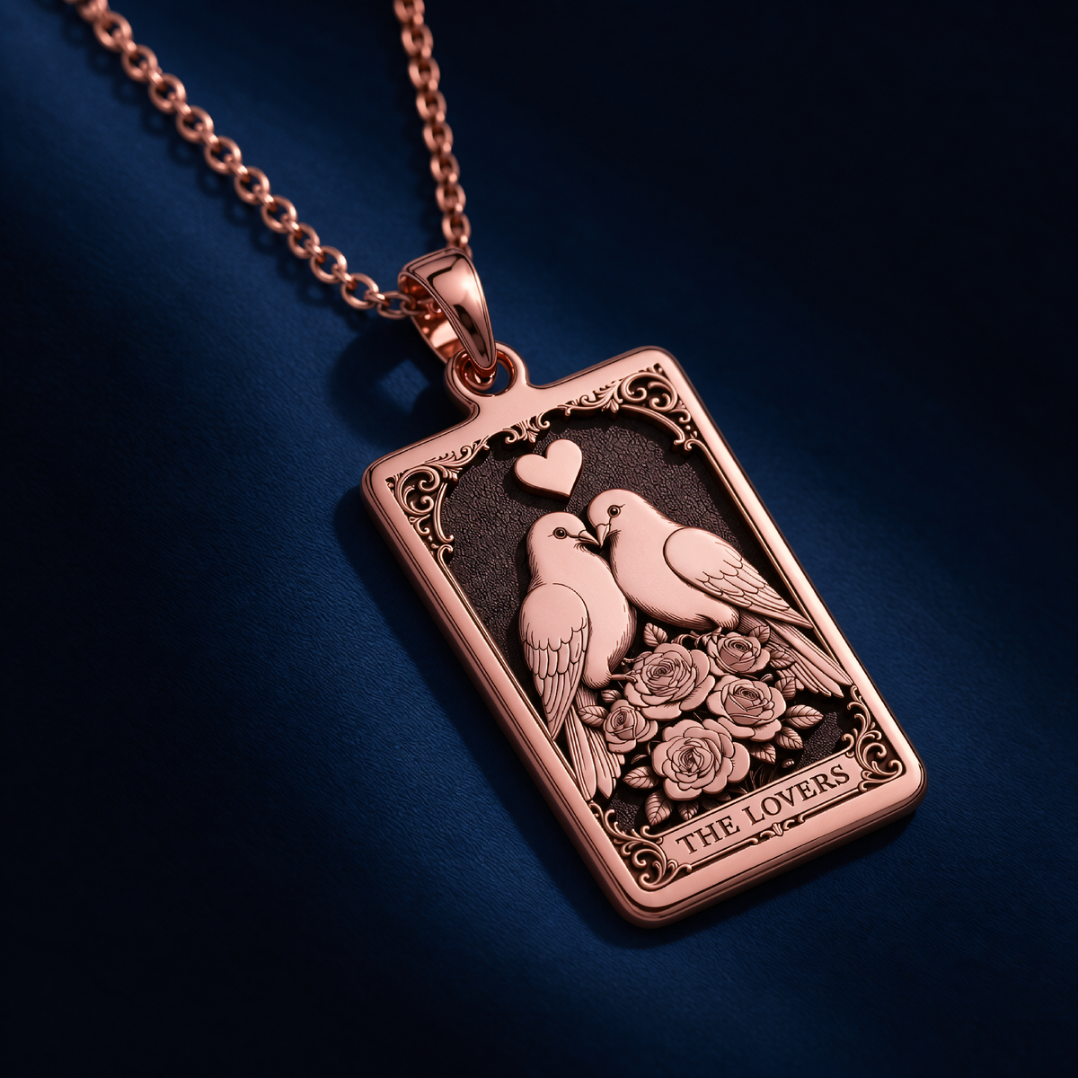 Lovers Tarot Lovebird Charm Necklace in a polished rose gold finish.