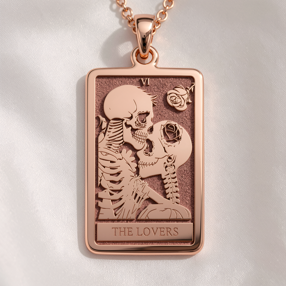 Lovers Tarot Pendant Necklace - Major Arcana Love Charm - 14K Rose Gold Plated