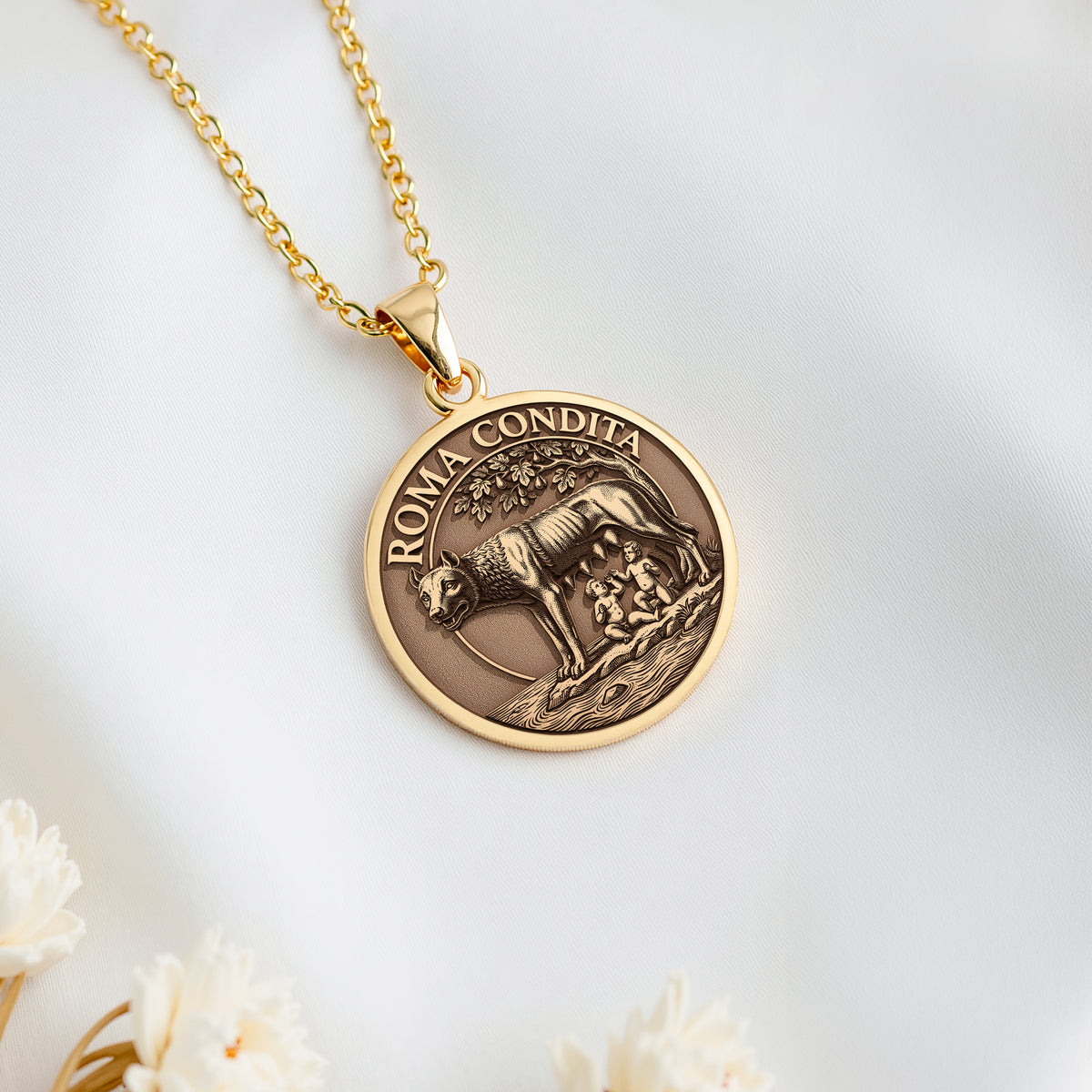 Lupa Capitolina Necklace: 14K Gold Romulus and Remus Pendant - View 7