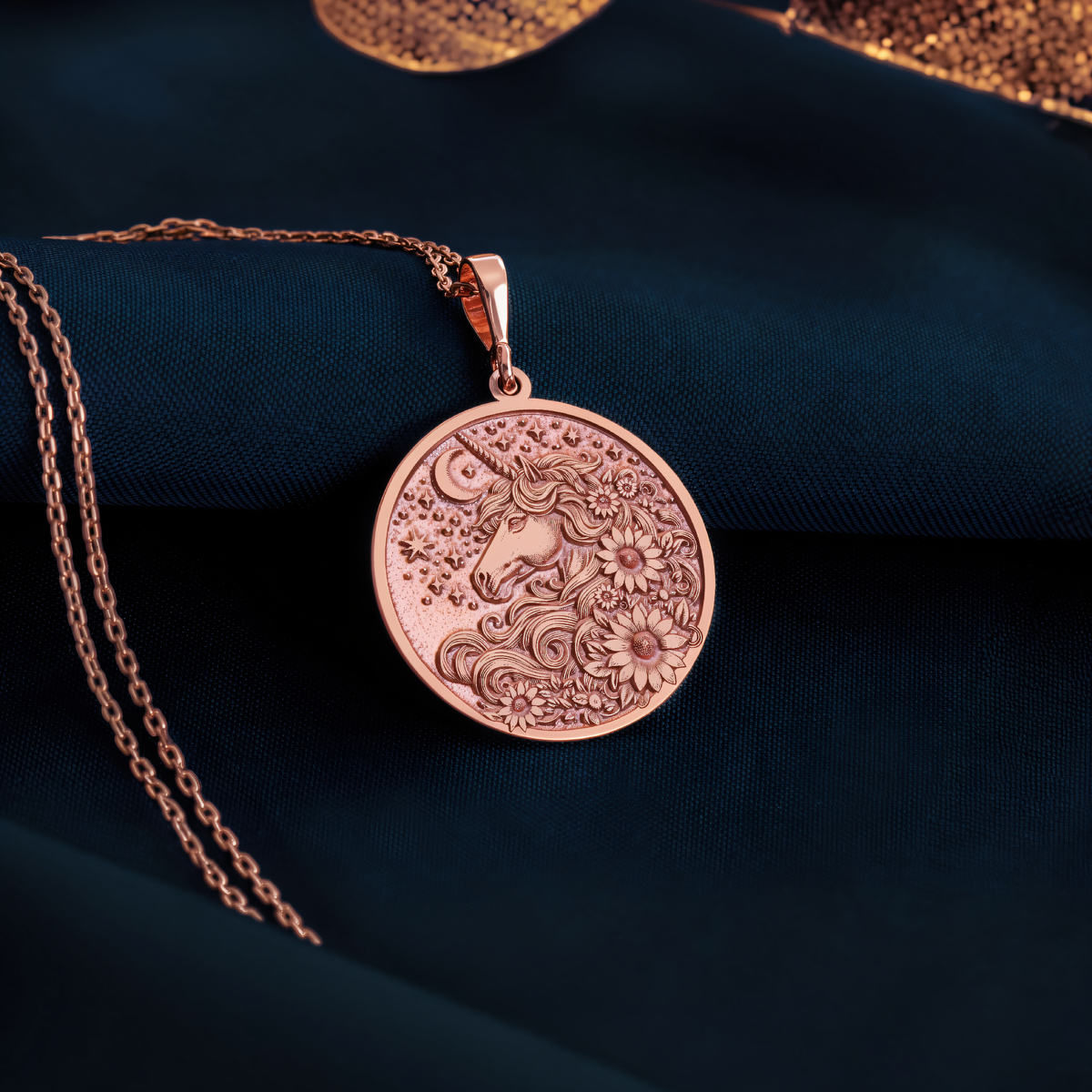 Magic Unicorn Floral Charm Pendant in a polished rose gold finish.