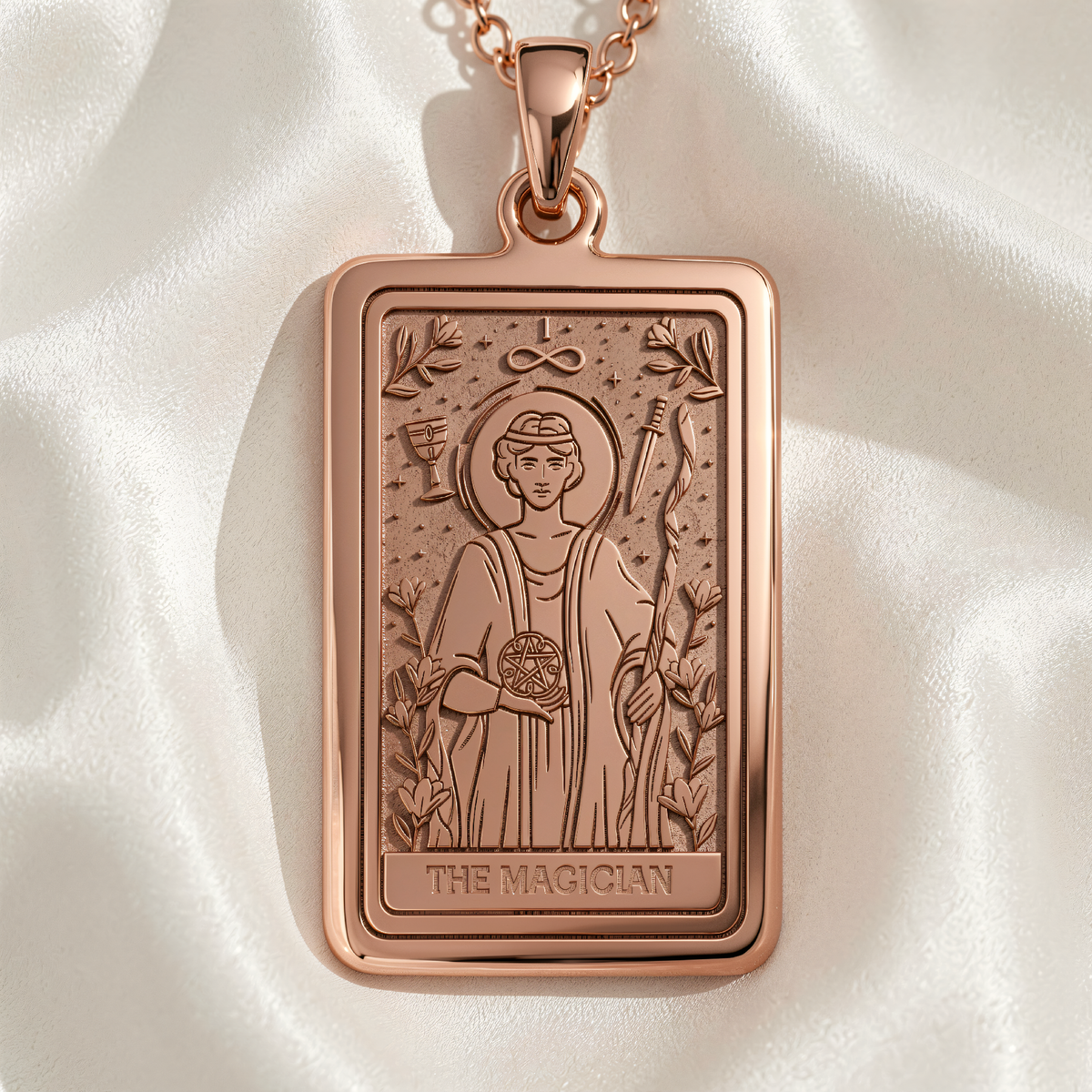 Magician Tarot Pendant Necklace - Rider Waite Arcana Charm - 14K Rose Gold Plated Front View