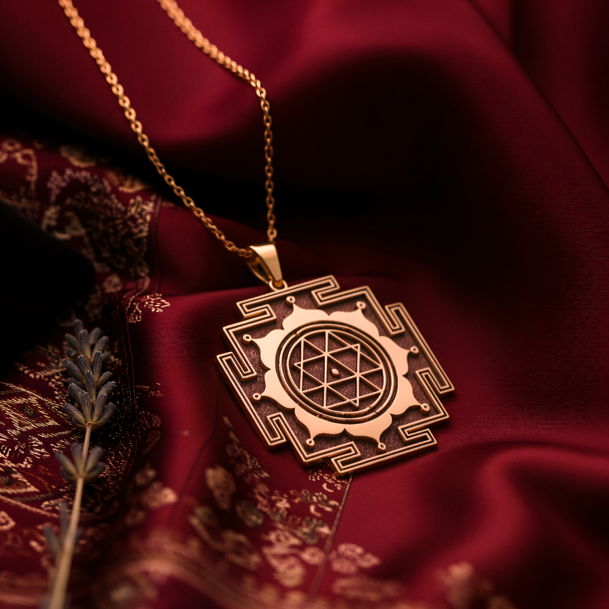 Maha Durga Yantra Spiritual Amulet Pendant - 14K Rose Gold Plated