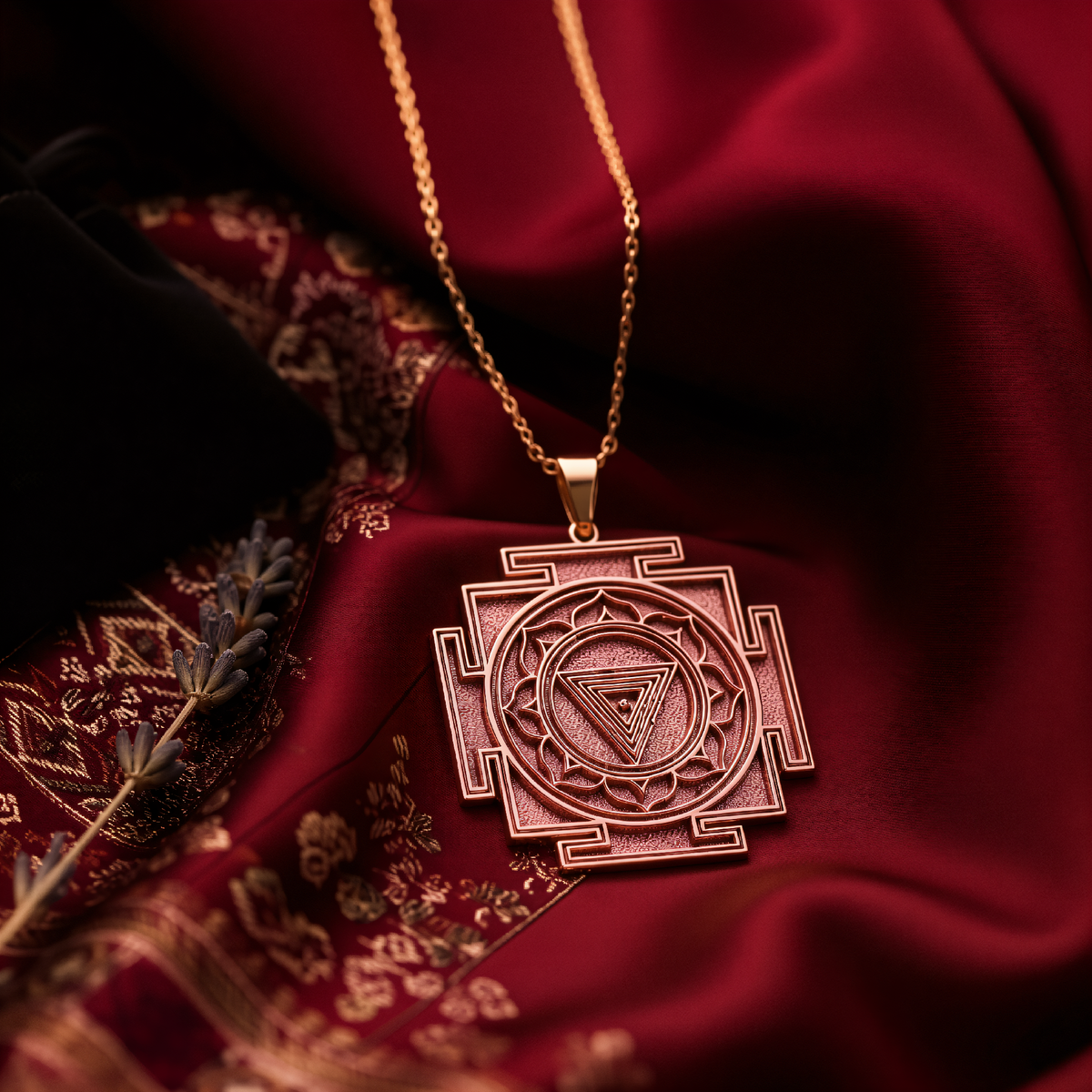 MahaKali Yantra Spiritual Protection Necklace in a polished rose gold finish.