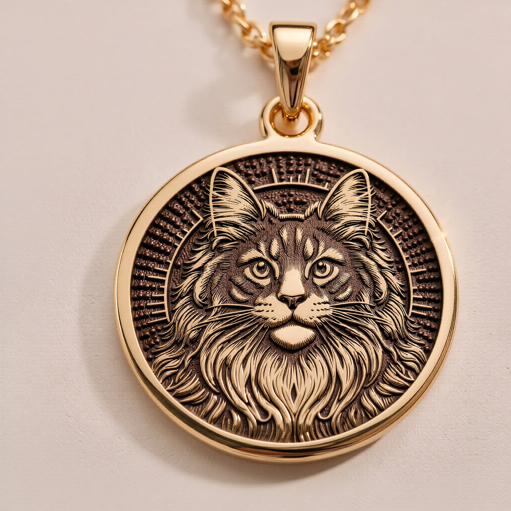Maine Coon Cat Spirit Animal Medallion - 14K Solid Gold
