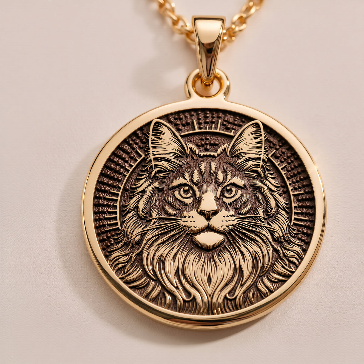 Maine Coon Cat Spirit Animal Medallion Necklaces 14K 14K Gold Plated pendant necklace featuring a detailed cat face with a crown design. - View 6