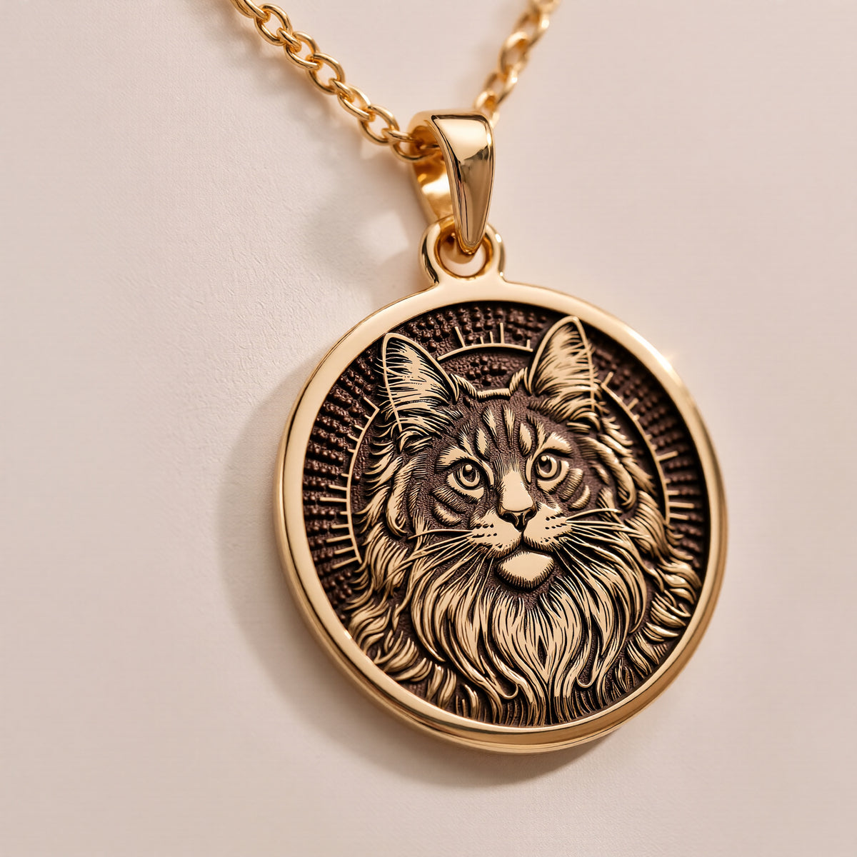 Maine Coon Cat Spirit Animal Medallion - 14K Solid Gold