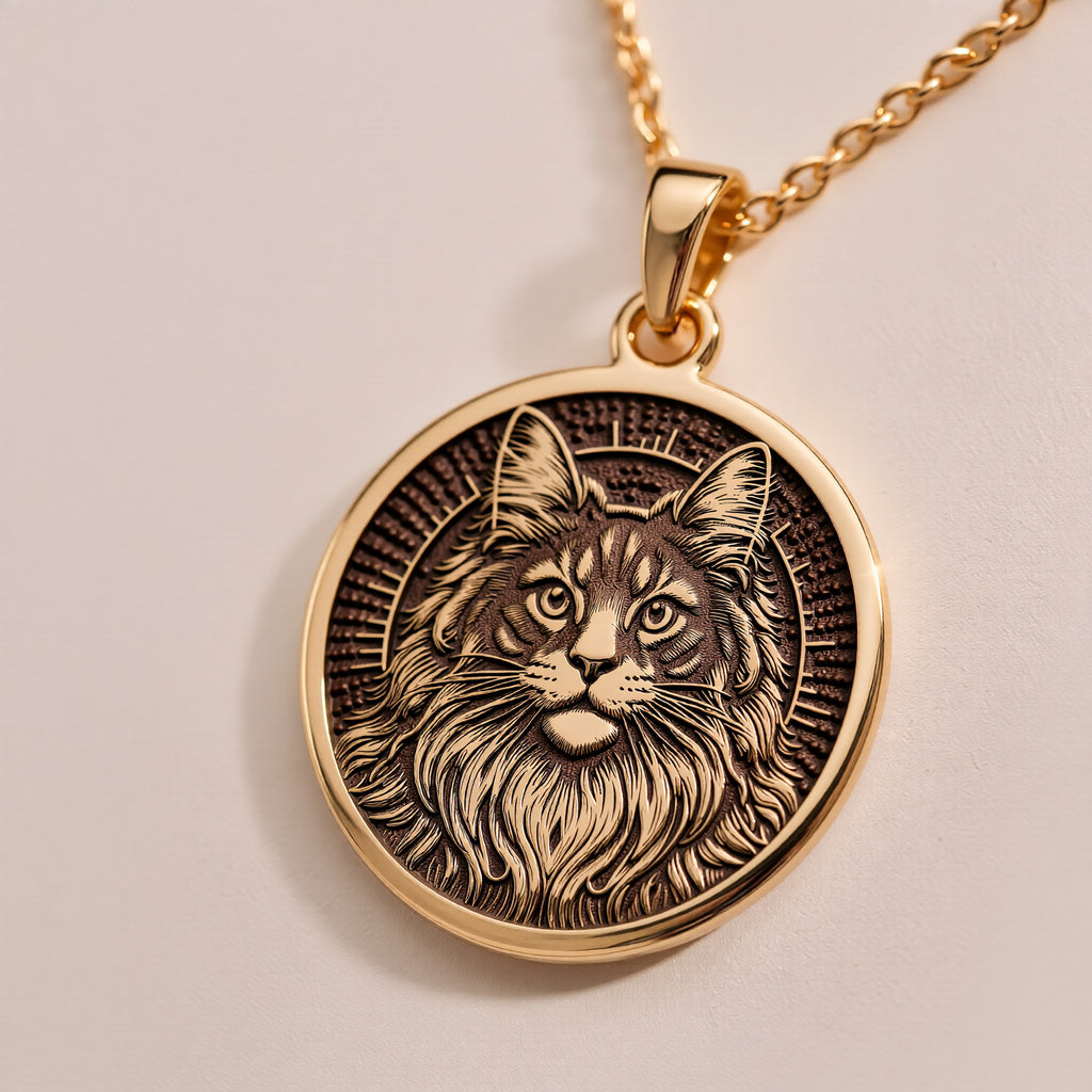 Maine Coon Cat Spirit Animal Medallion - 14K Solid Gold