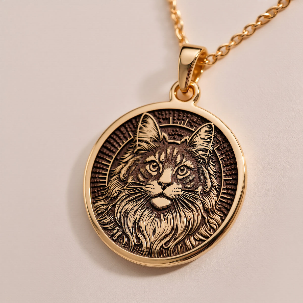 Maine Coon Cat Spirit Animal Medallion - 14K Solid Gold