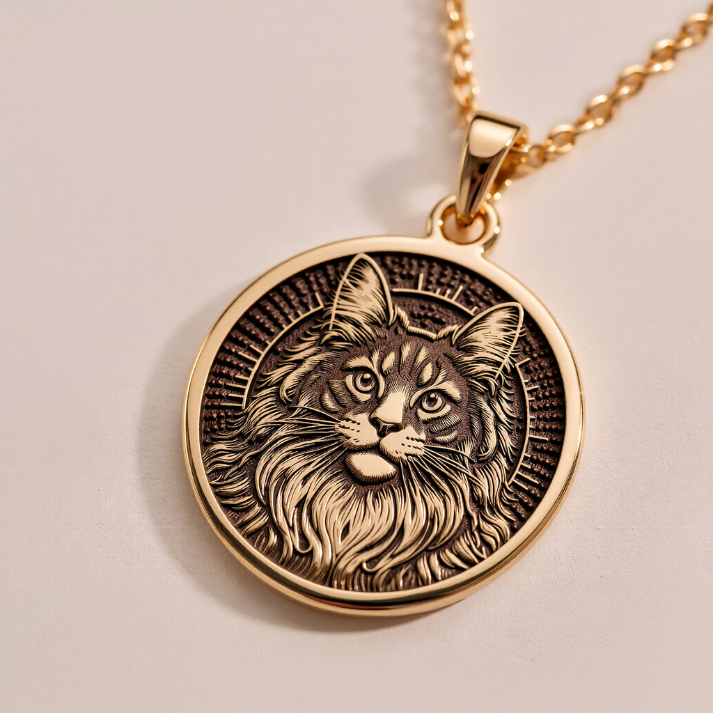 Maine Coon Cat Spirit Animal Medallion - 14K Solid Gold