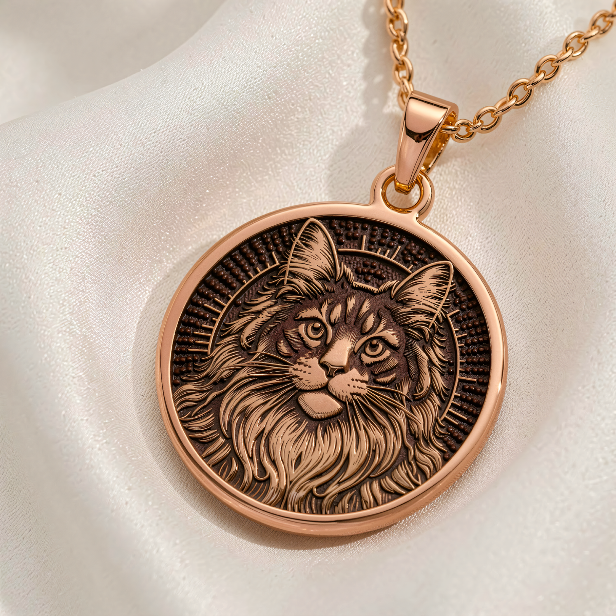 Maine Coon Cat Spirit Animal Medallion | Silver & Plated Options - Pet Memorial Animal Lover Gift - 14K Rose Gold Plated Front View