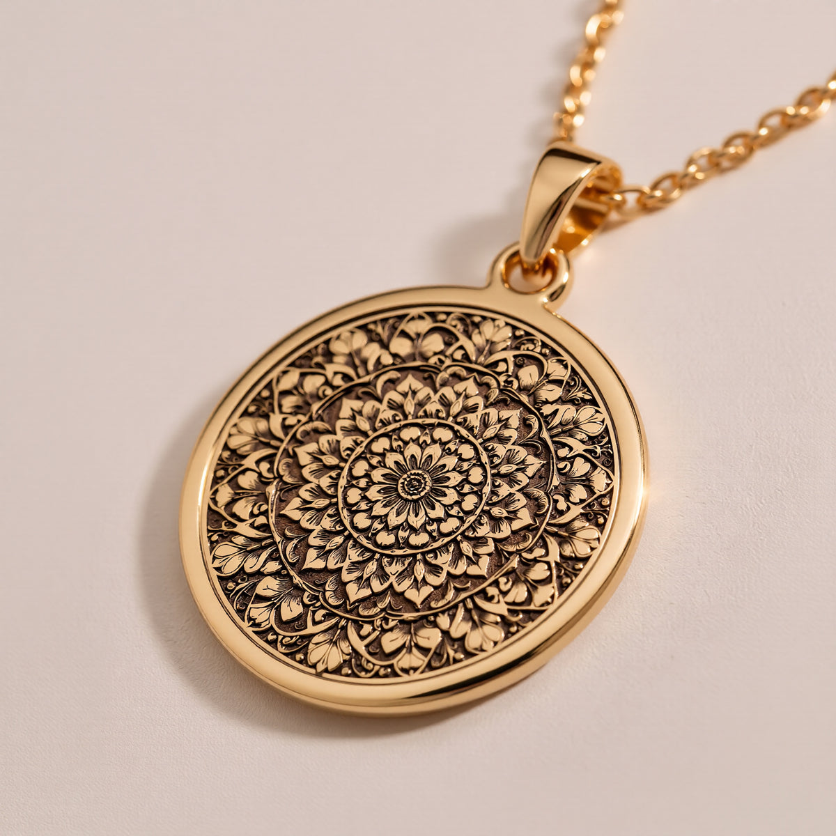 Mandala Sacred Geometry Medallion Pendant in 14K solid gold, pendant detail view