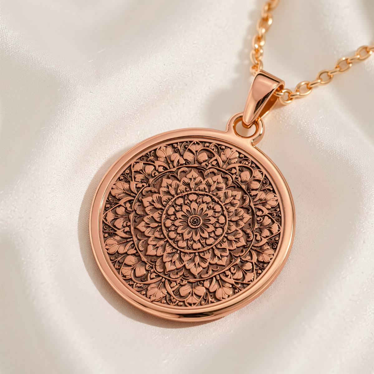 Mandala Sacred Geometry Medallion Pendant | Silver & Plated Options - Spiritual Protection Yoga Zen - 14K Rose Gold Plated Front View