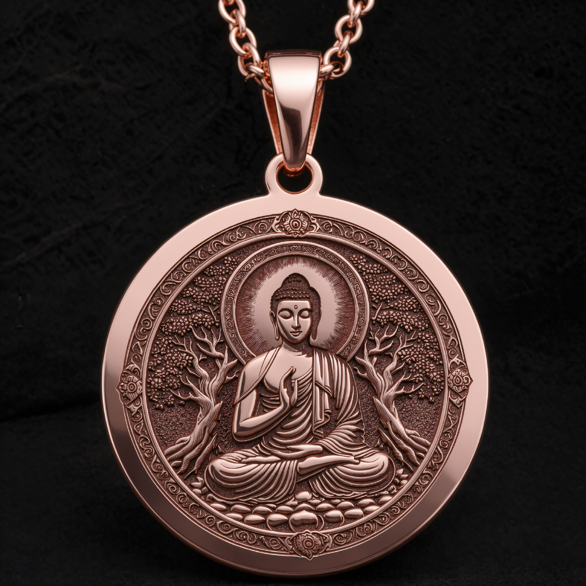 Meditating Buddha Mindfulness Pendant in a polished rose gold finish.