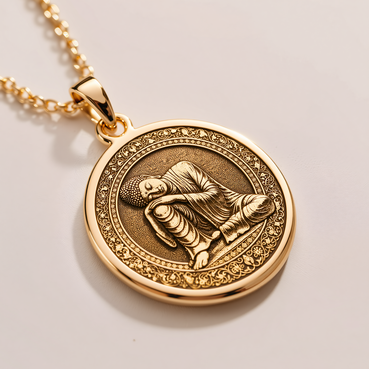 Meditating Buddha Necklace - 14K Solid Gold, Left Angle View