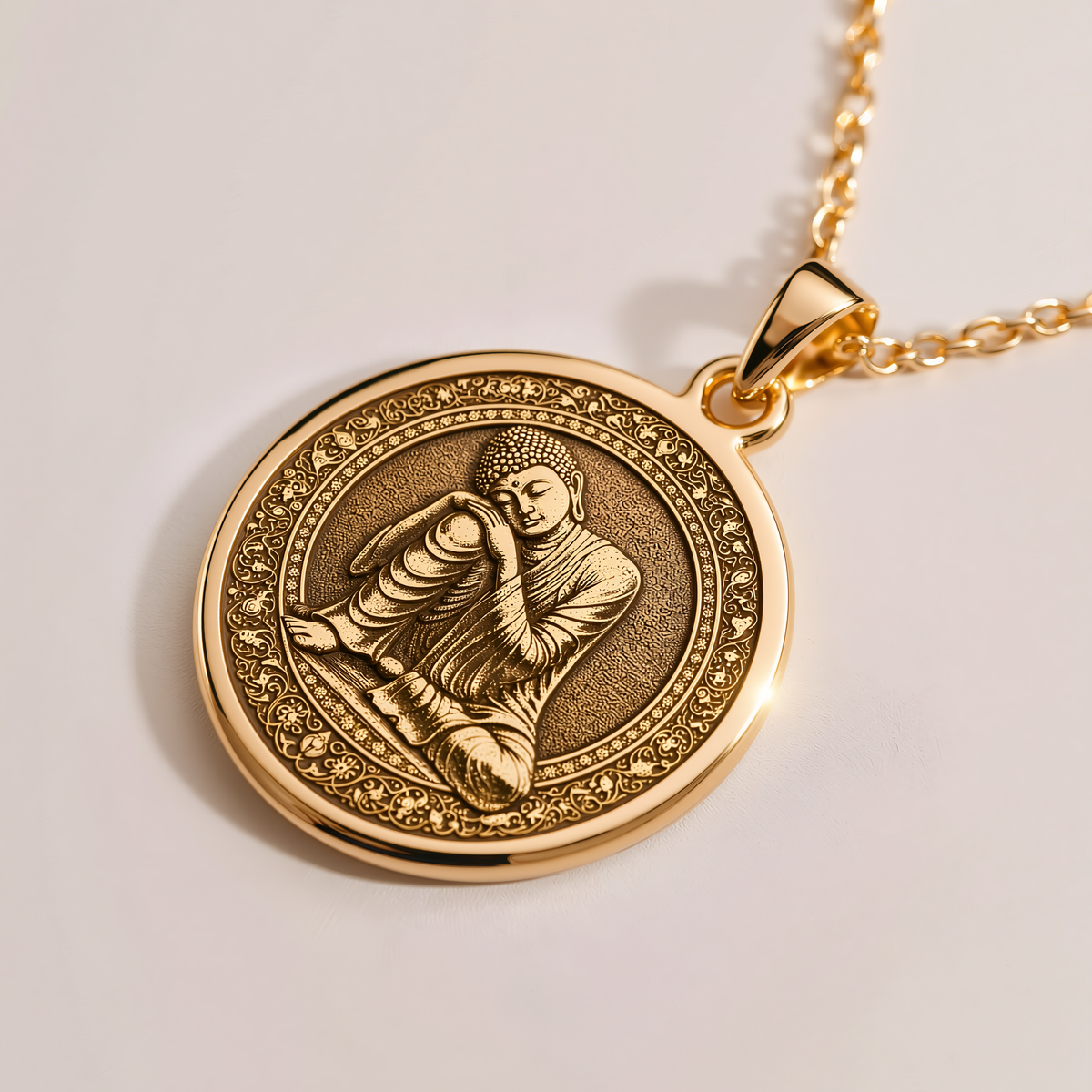 Meditating Buddha Necklace - 14K Solid Gold, Right Angle View