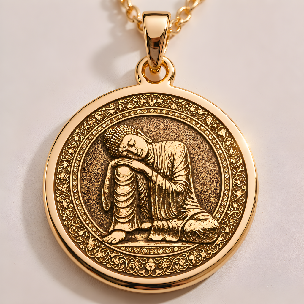 Meditating Buddha Necklace in a gold finish, shown from the front with detailed engraving on the pendant.