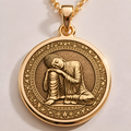 Meditating Buddha Necklace in a gold finish, shown from the front with detailed engraving on the pendant.
