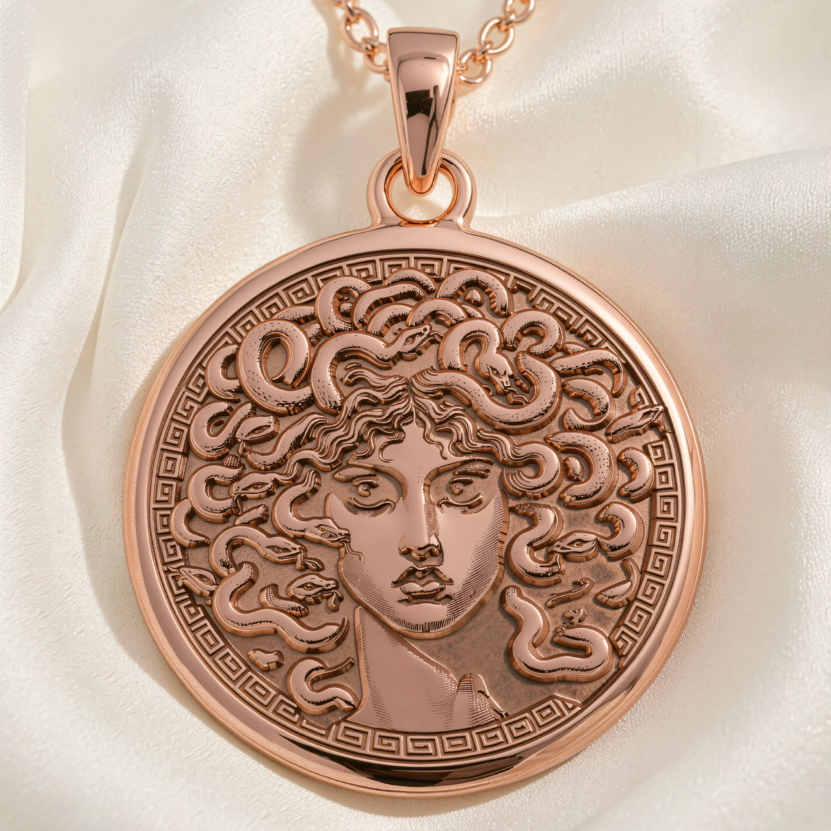 Medusa Gorgon Head Pendant | Silver & Plated Options - Ancient Mythology Protection Talisman - 14K Rose Gold Plated Front View