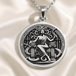 Silver circular pendant featuring an intricate design of a mythological figure entwined with a serpentine creature. The pendant is attached to a silver chain and rests on a dark blue fabric background.
