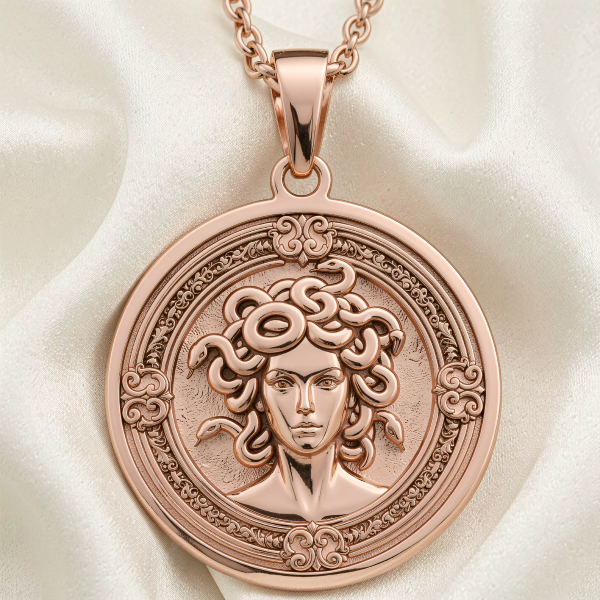Medusa Gorgon Snake Hair Pendant | Silver & Plated Options - Ancient Mythology Protection Talisman - 14K Rose Gold Plated Front View
